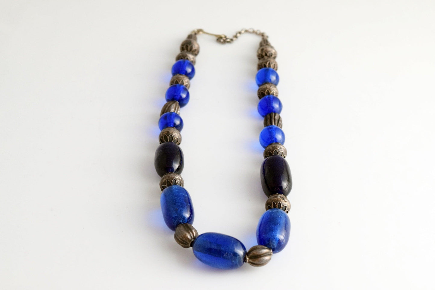 Vintage Necklace with Silver and Blue Glass Beads - Anteeka