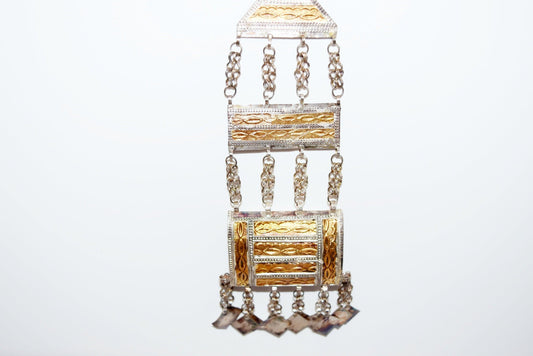 Vintage Omani Headdress Ornament, Silver with Gold Leaf Pendant - Anteeka