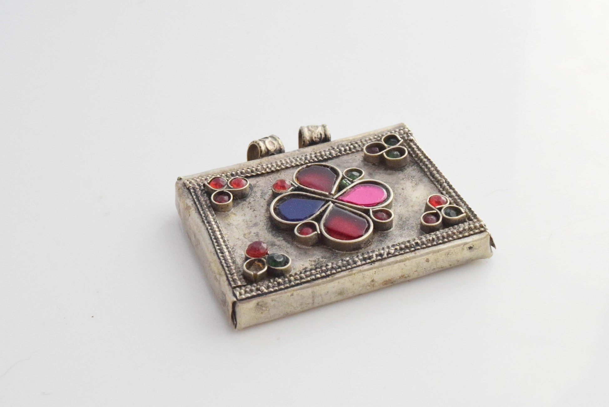 Vintage Rectangular Kuchi Pendant With Colorful Glass insets - Anteeka