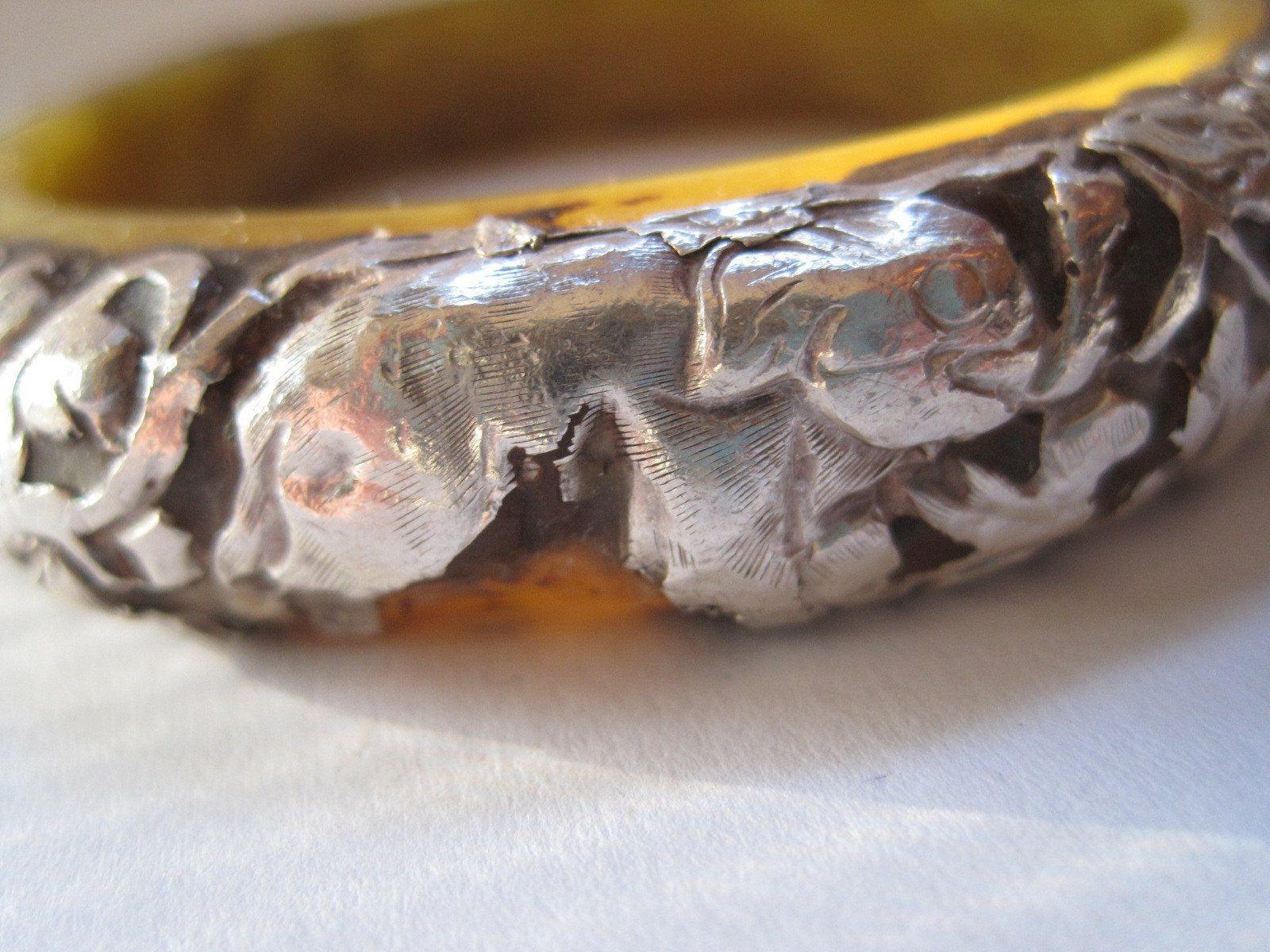 Vintage Copal Resin Bracelet from Nepal or Tibet with Silver Animal Overlay - Anteeka