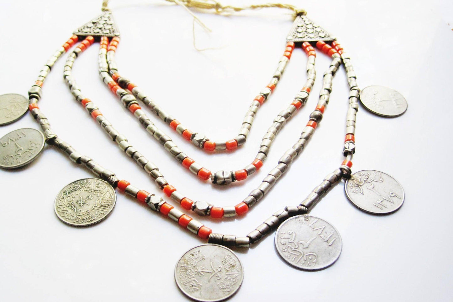 Vintage Saudi Arabian Necklace With Coins, Silver, Metal and Coral Glass Beads - Anteeka