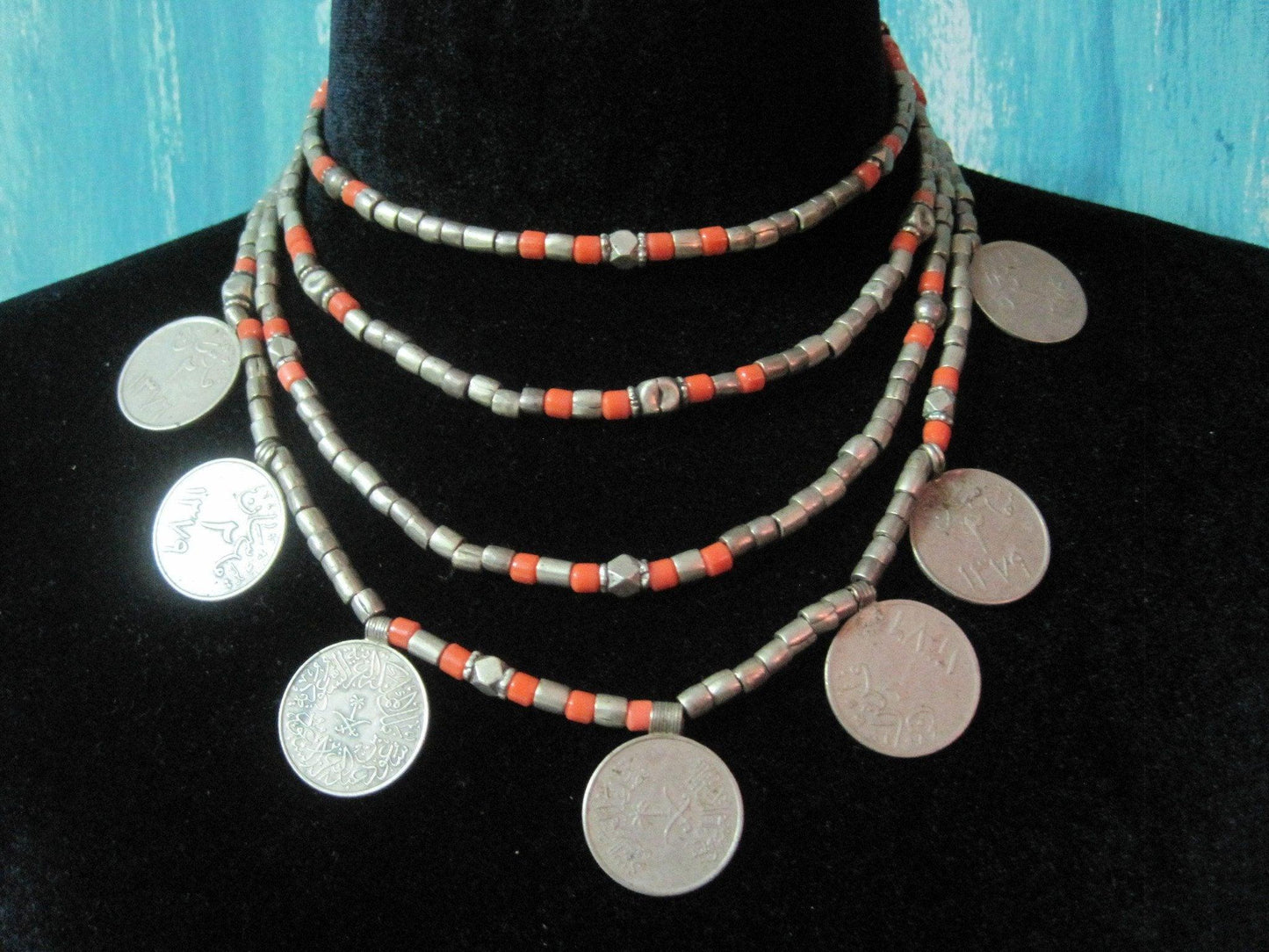 Vintage Saudi Arabian Necklace With Coins, Silver, Metal and Coral Glass Beads - Anteeka