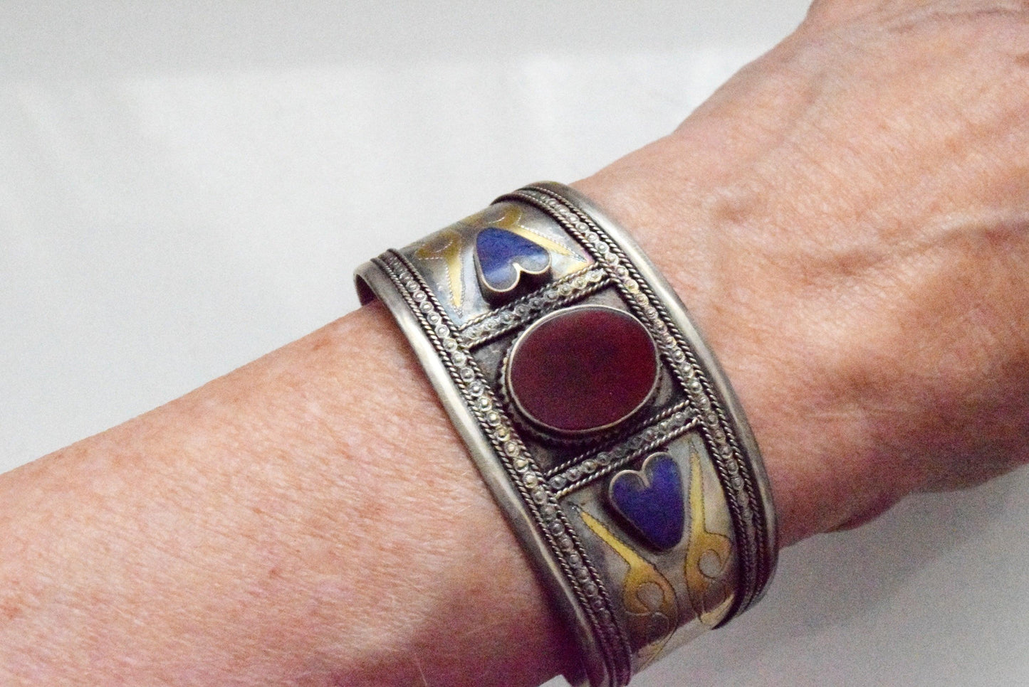 Vintage Silver Afghan Lapis Lazuli and Carnelian Bracelet - Anteeka