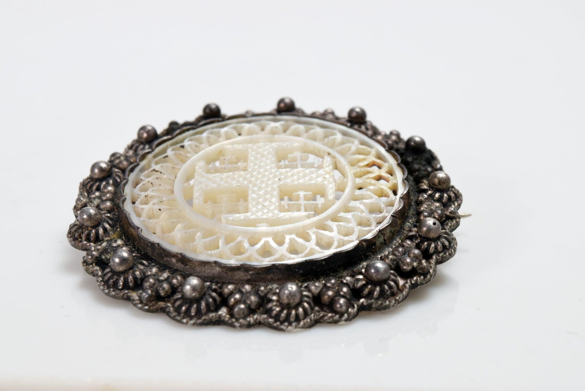 Vintage Silver and Carved Mother of Pearl Cross Brooch or Pendant From the Holy Land - Anteeka