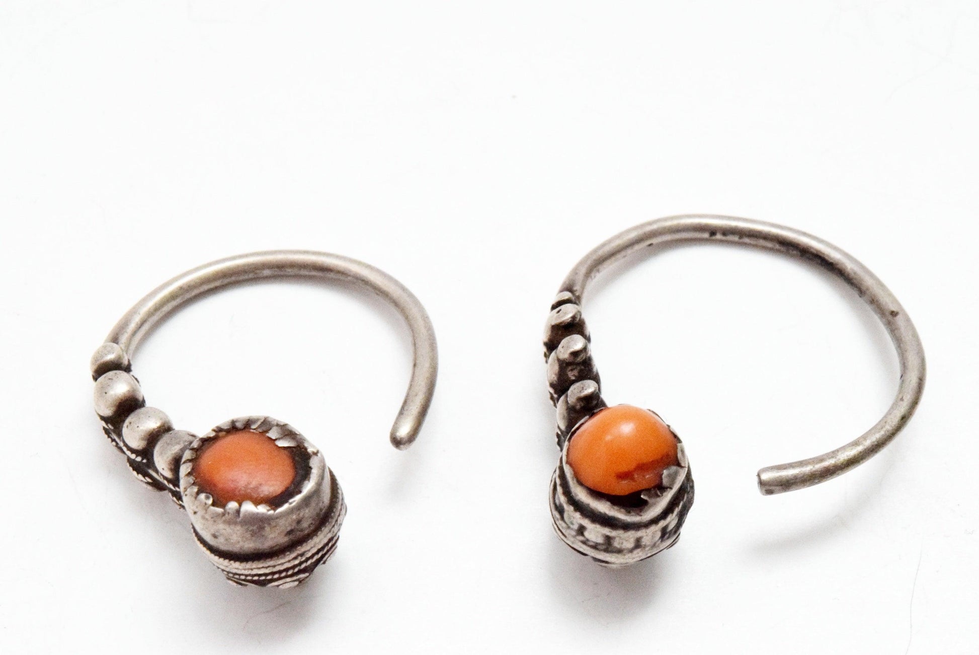 Vintage Silver and Coral Algerian Kabyle Hoop Earrings - Anteeka