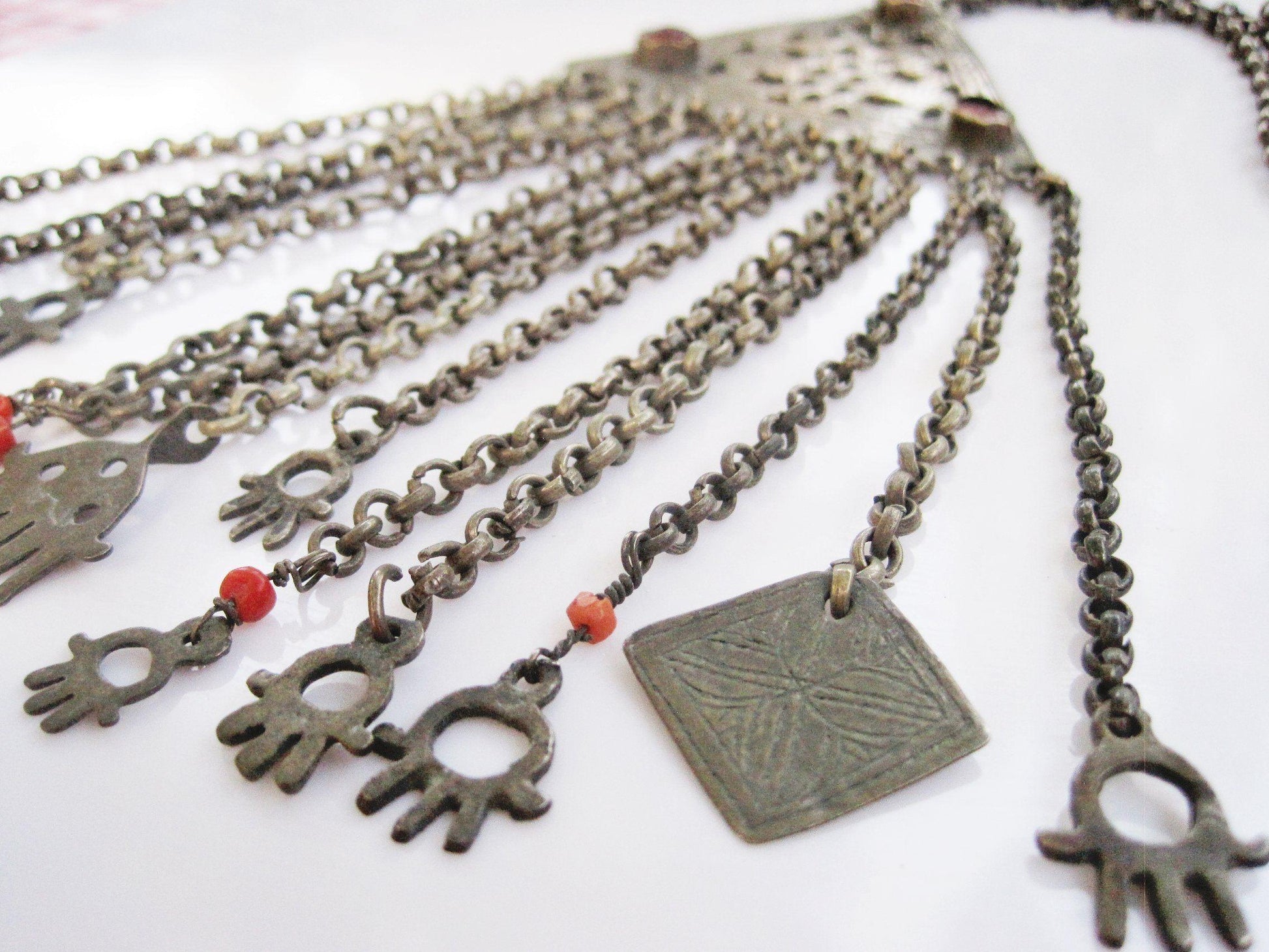 Vintage Silver and Coral Berber Necklace from Tunisia - Anteeka
