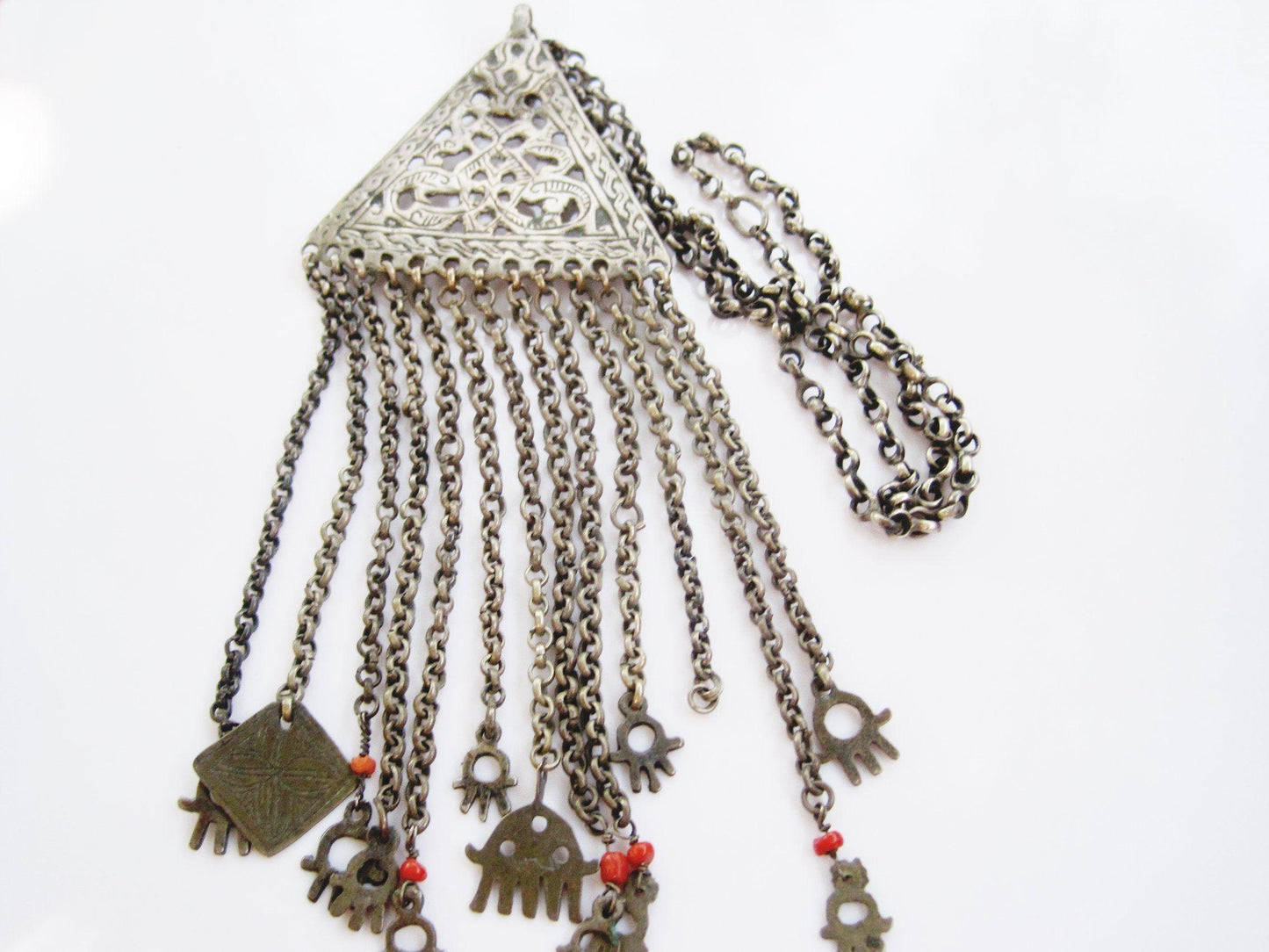 Vintage Silver and Coral Berber Necklace from Tunisia - Anteeka