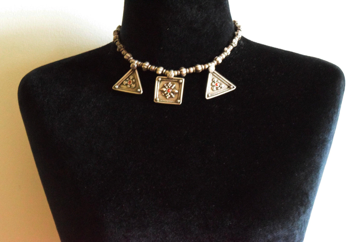 Vintage Silver and Coral Indian Choker Necklace - Anteeka