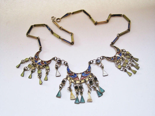Vintage Silver and Enamel Kabyle Style Export Necklace from Algeria with French Hallmark - Anteeka