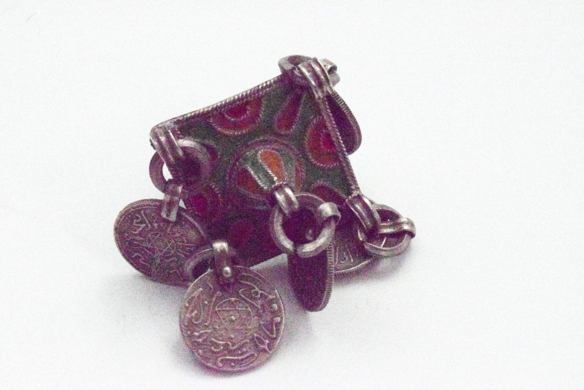 Vintage Silver and Enamel Moroccan Berber Ring with Coins - Anteeka