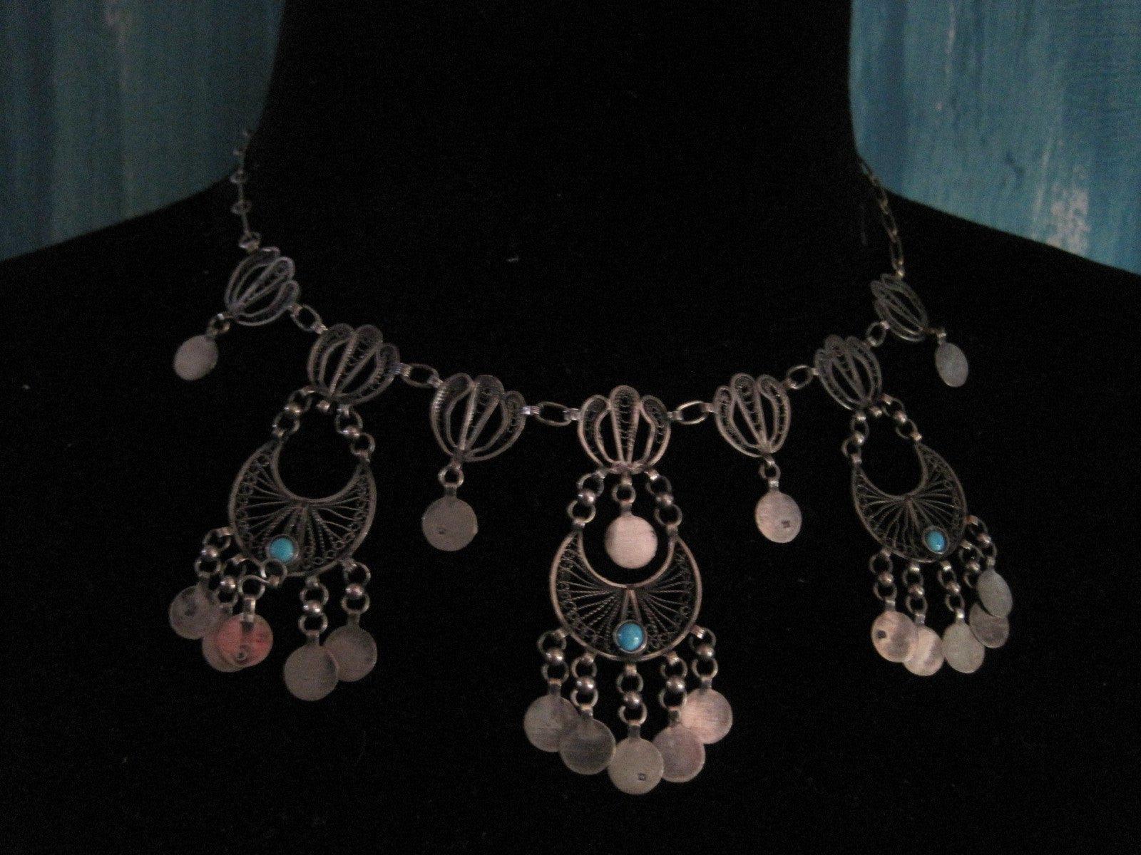 Vintage Silver and Turquoise Pretty Egyptian Choker Necklace with Coin Dangles - Anteeka