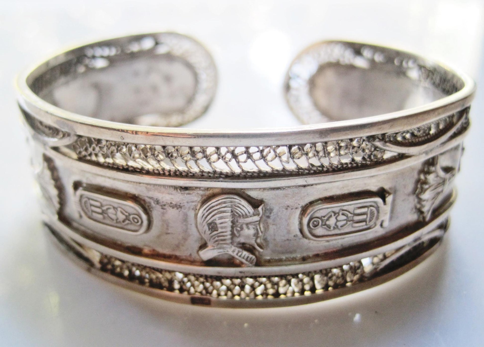 Vintage Silver Egyptian Cuff Bracelet with Hieroglyphs - Anteeka