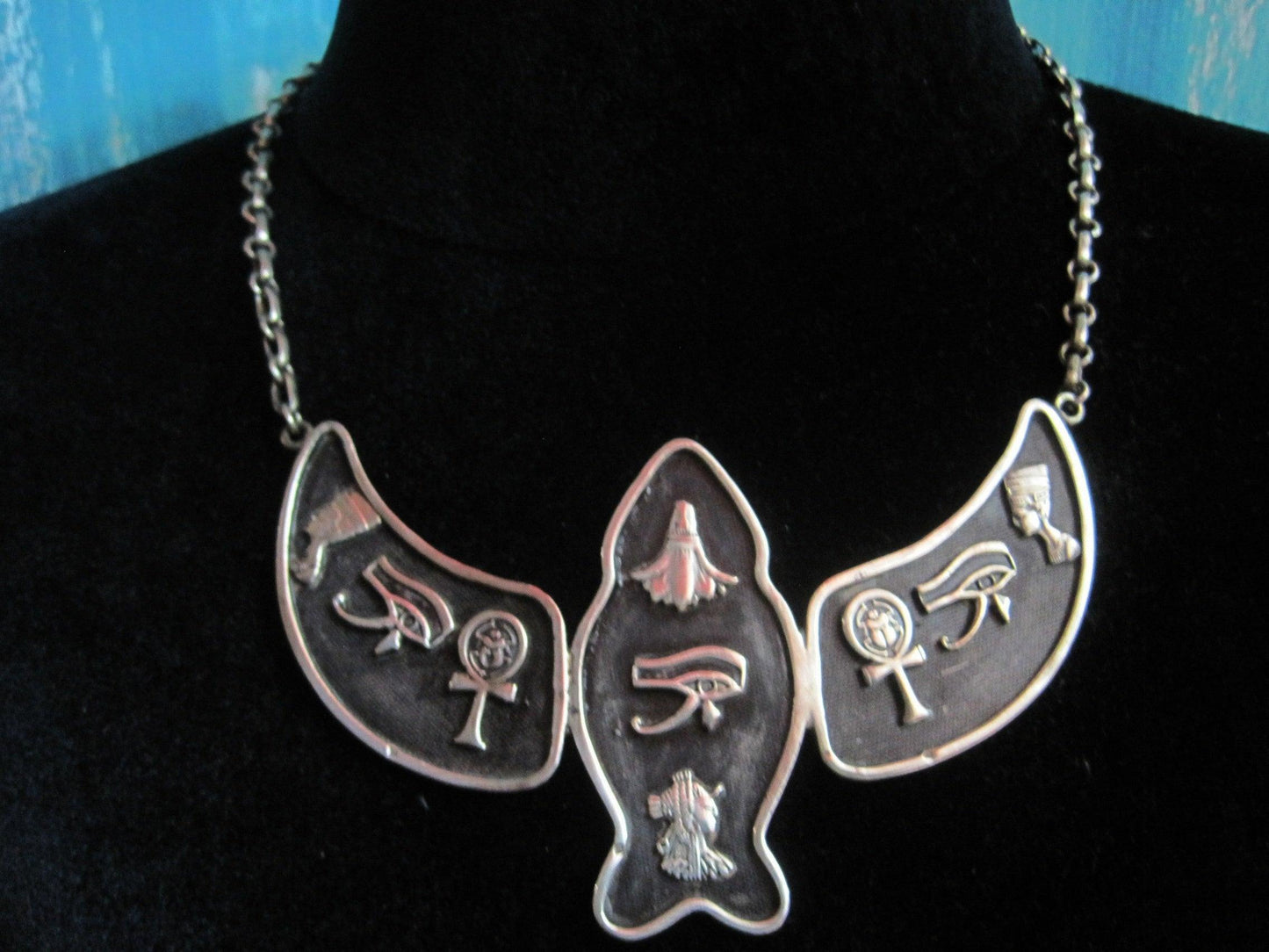 Vintage Silver Egyptian Hieroglyphics Statement Choker Necklace - Anteeka