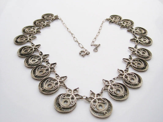Vintage Silver Filigree Middle East Crescent Moon and Star Necklace - Anteeka