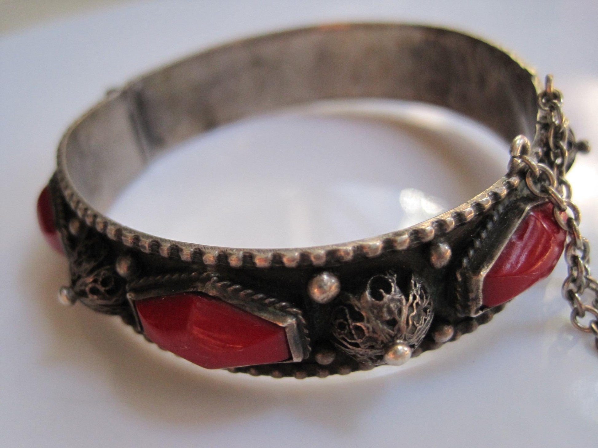 Vintage Silver Hinged North African Berber Bracelet with Red Stones - Anteeka