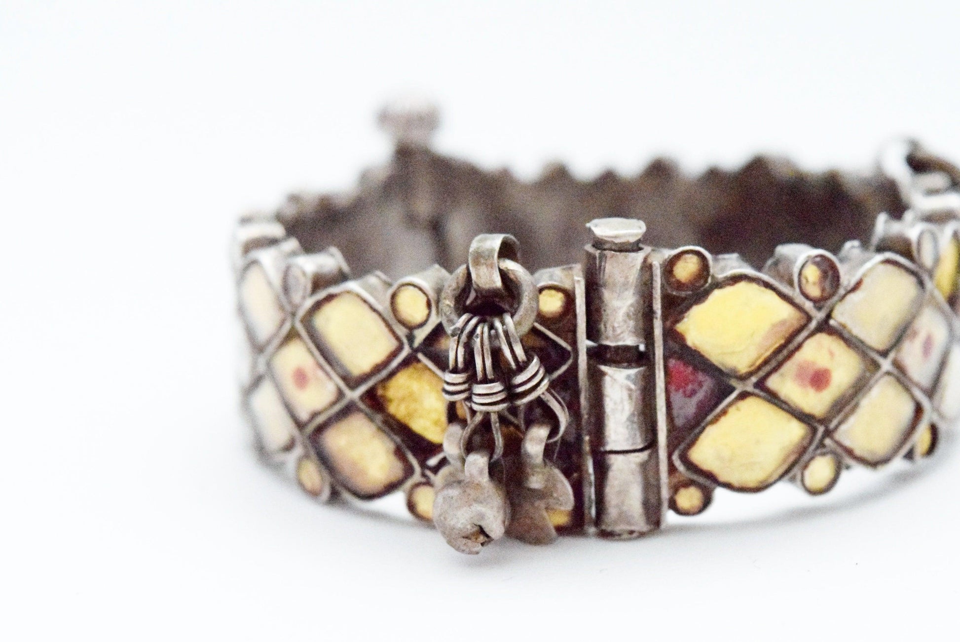 Vintage Silver Indian Bangle with Yellow Glass Insets - Anteeka