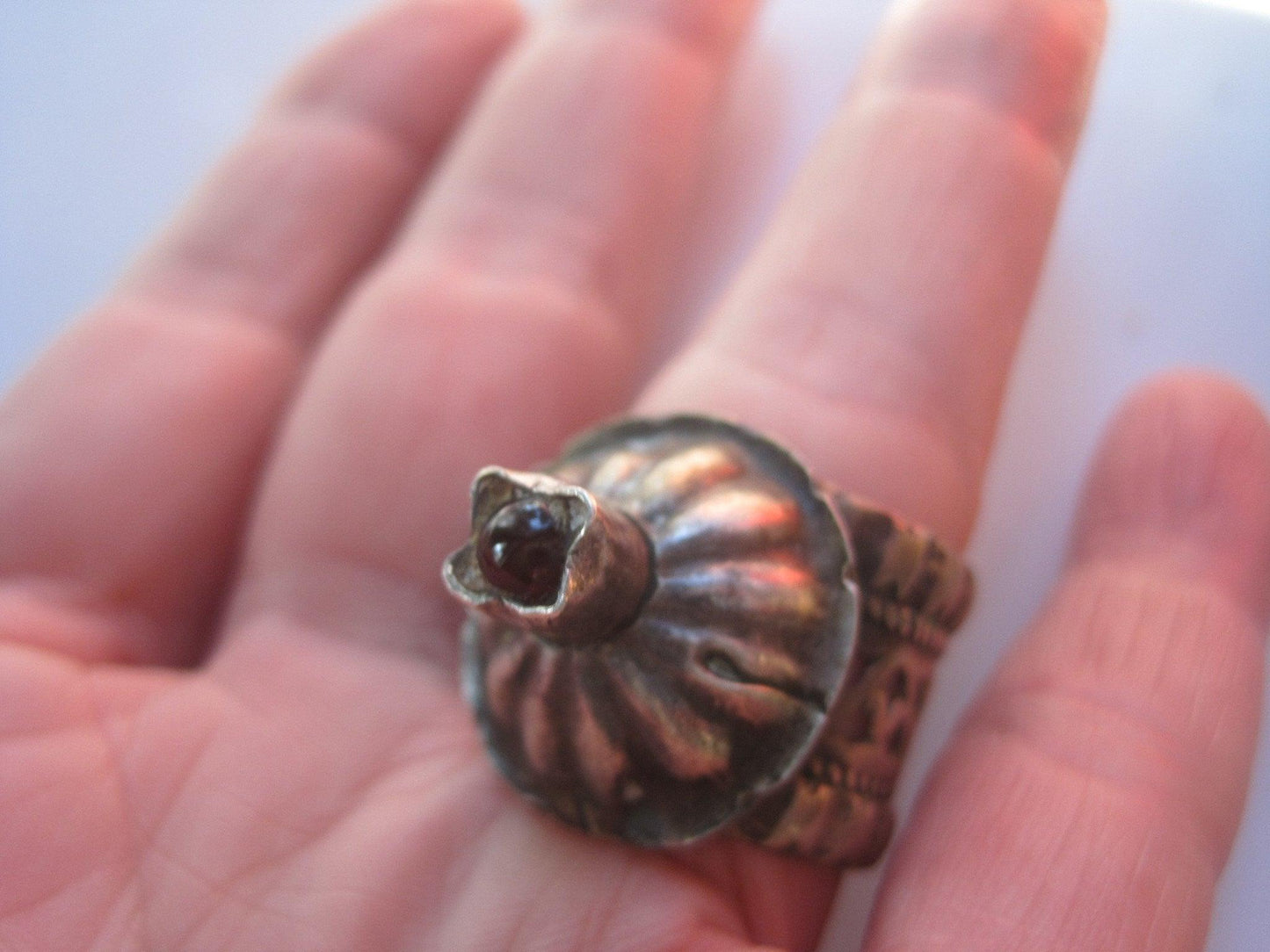 Vintage Silver Tower Ring with Red Glass, Size 9 from the Middle East - Anteeka