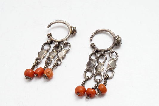 Vintage Small Silver and Coral Berber Earrings from Morocco - Anteeka