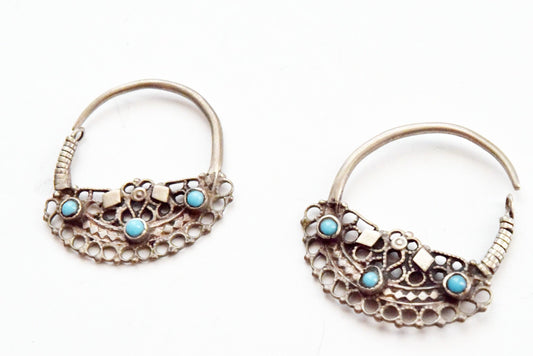 Vintage Small Silver Pashtun Hoop Earrings with Blue Stones - Anteeka