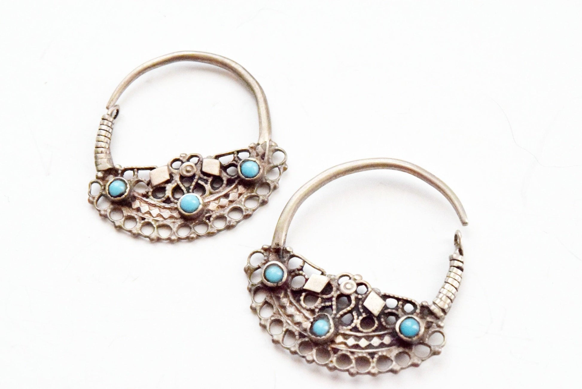 Vintage Small Silver Pashtun Hoop Earrings with Blue Stones - Anteeka
