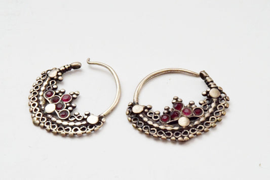 Vintage Small Silver Pashtun Hoop Earrings with Pink Paste - Anteeka