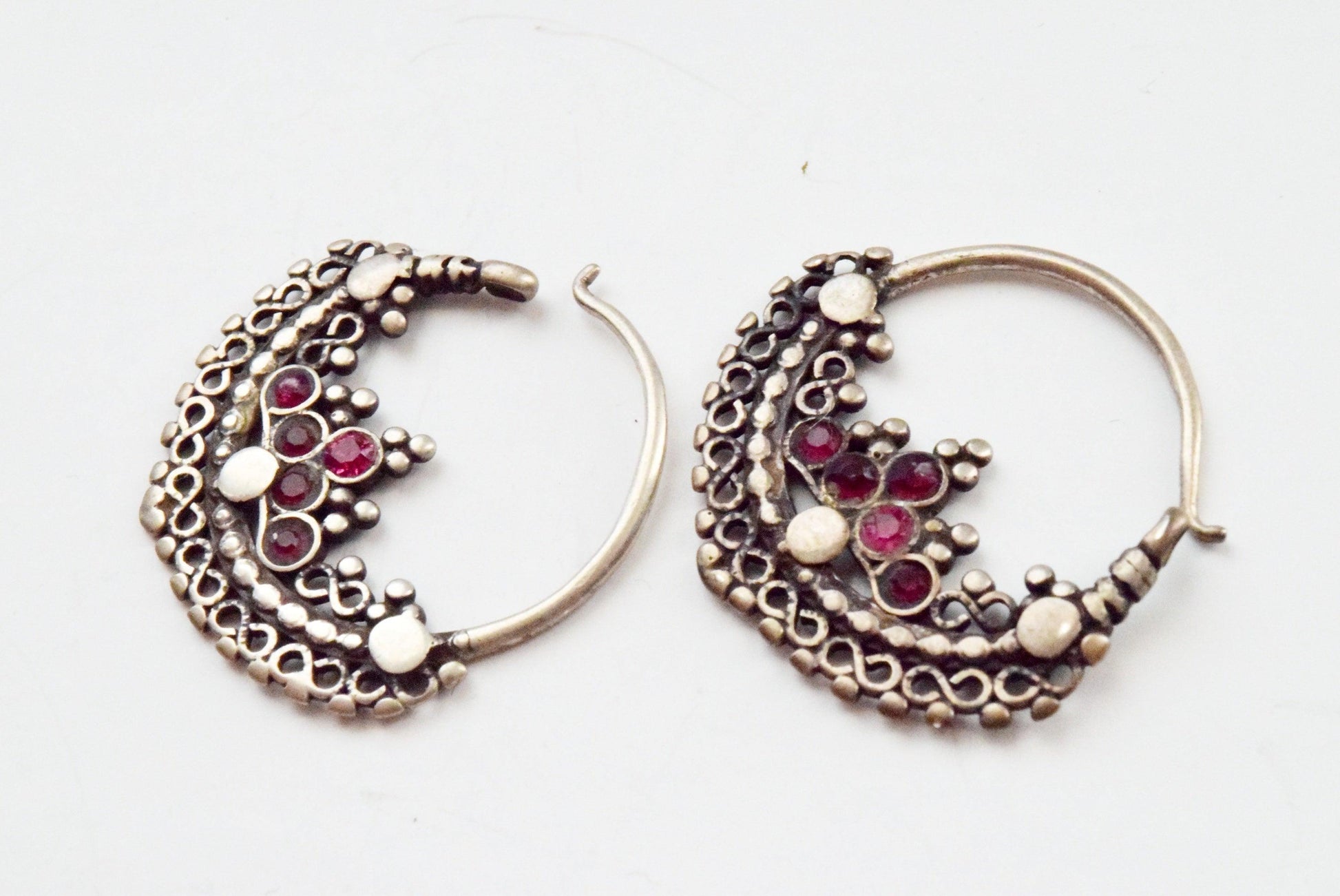Vintage Small Silver Pashtun Hoop Earrings with Pink Paste - Anteeka