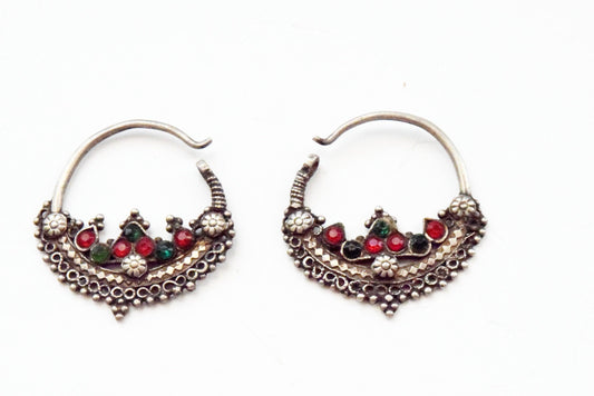 Vintage Small Silver Pashtun Hoop Earrings with Red and Green Paste - Anteeka