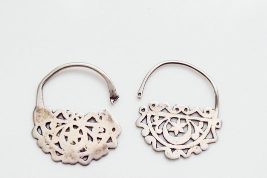 Vintage Small Tunisian Silver Hoop Earrings with Crescent and Star - Anteeka