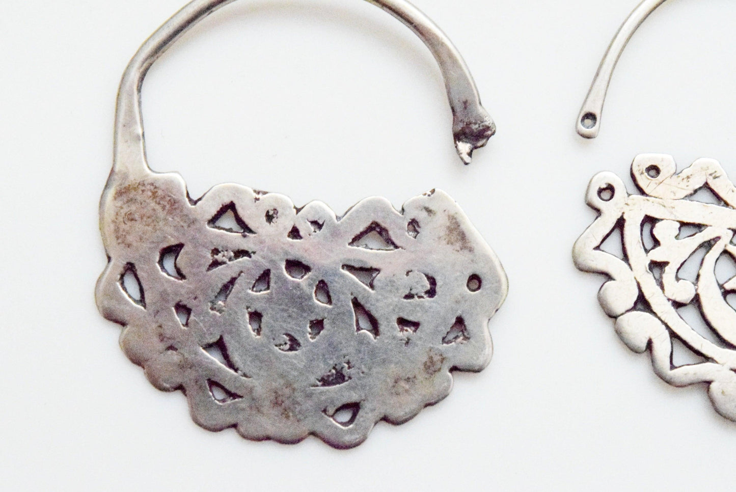 Vintage Small Tunisian Silver Hoop Earrings with Crescent and Star - Anteeka
