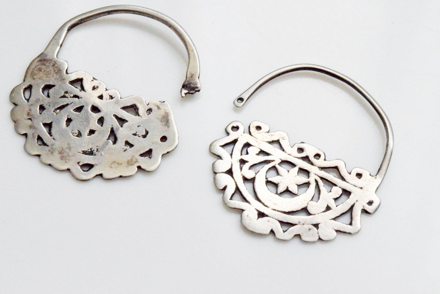 Vintage Small Tunisian Silver Hoop Earrings with Crescent and Star - Anteeka