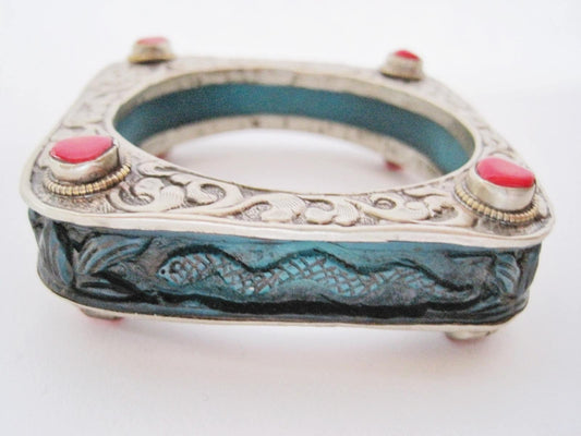 Vintage Square Carved Animal Blue Resin Bracelet from Nepal - Anteeka