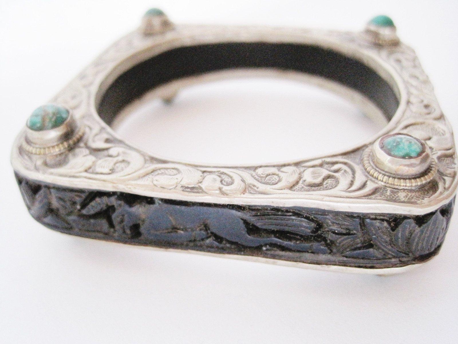 Vintage Square Carved Animal Purple Resin Bracelet from Nepal or Tibet with Silver Metal Overlay - Anteeka
