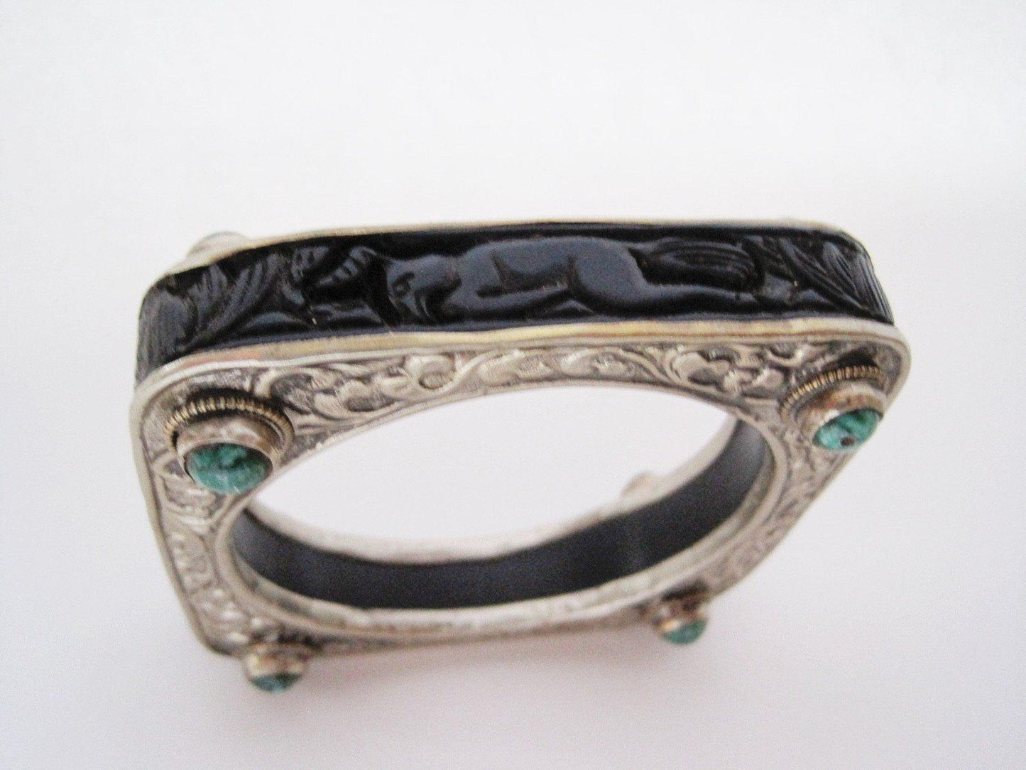 Vintage Square Carved Animal Purple Resin Bracelet from Nepal or Tibet with Silver Metal Overlay - Anteeka