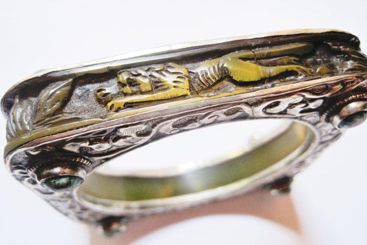 Vintage Square Carved Animal Yellow Resin Bracelet from Nepal or Tibet with Silver Metal Overlay - Anteeka