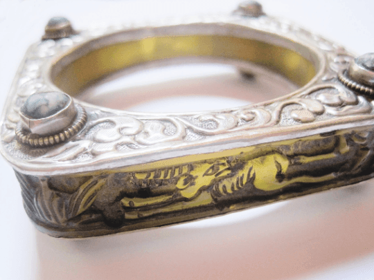 Vintage Square Carved Animal Yellow Resin Bracelet from Nepal or Tibet with Silver Metal Overlay - Anteeka
