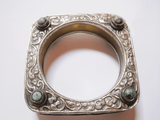Vintage Square Carved Animal Yellow Resin Bracelet from Nepal or Tibet with Silver Metal Overlay - Anteeka