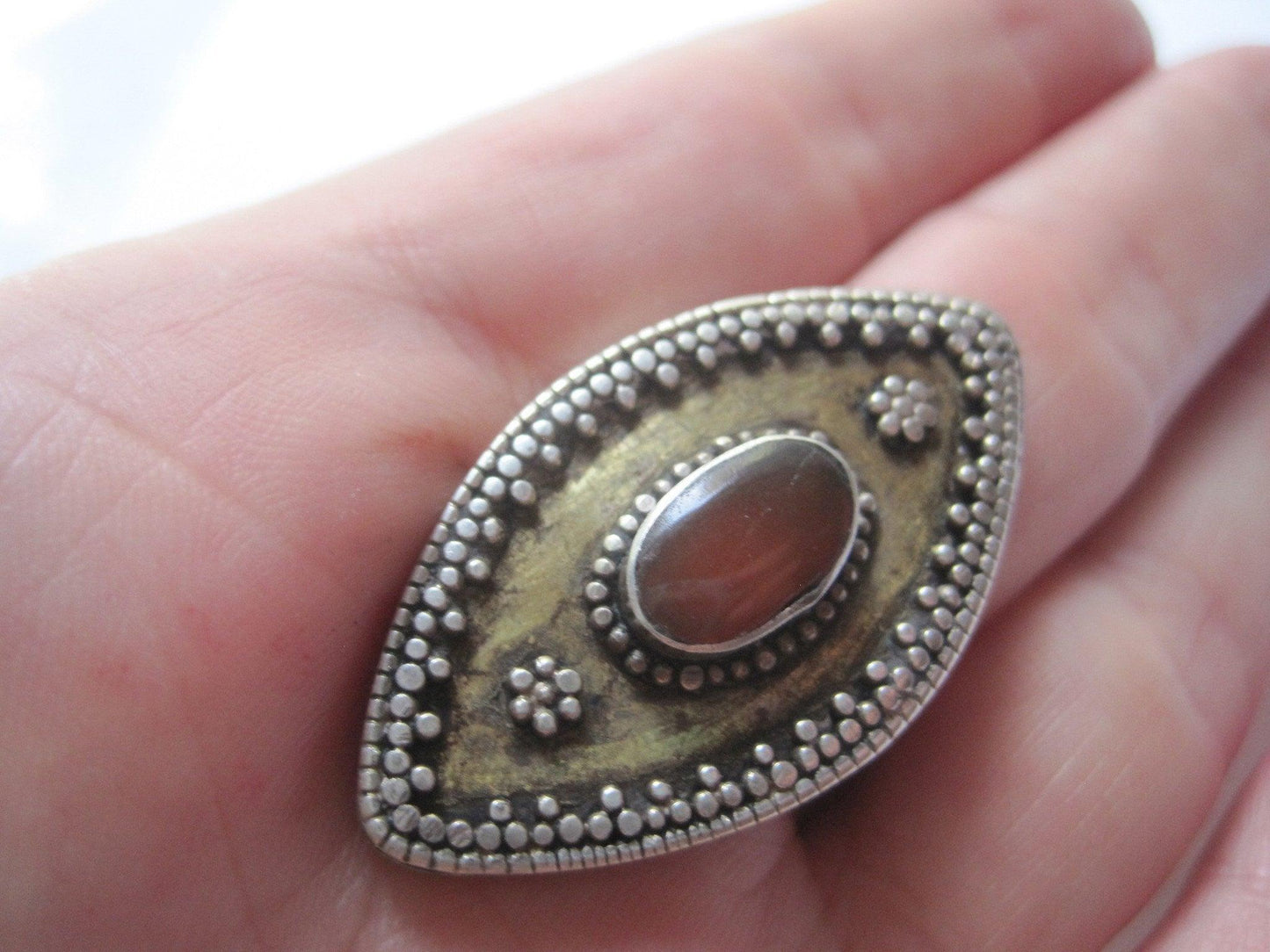 Vintage Tribal Afghan Kazakh Style Silver and Gold Gilt Carnelian Ring Size 10 1/2 - Anteeka