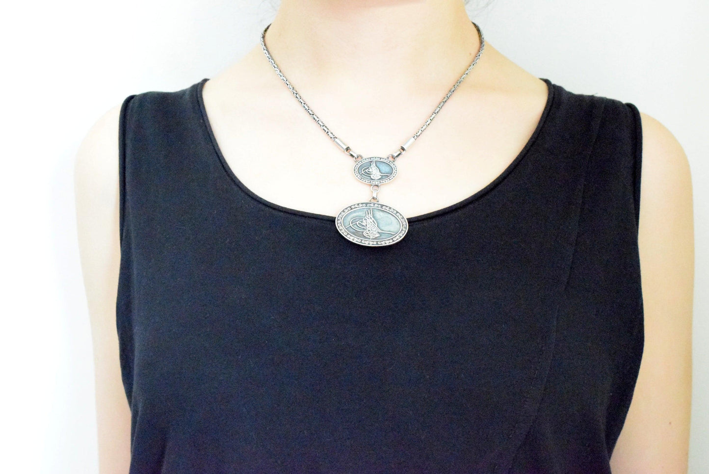 THIS ITEM IS RESERVED - Vintage Turkish Blackened Silver Tughra Necklace - Anteeka