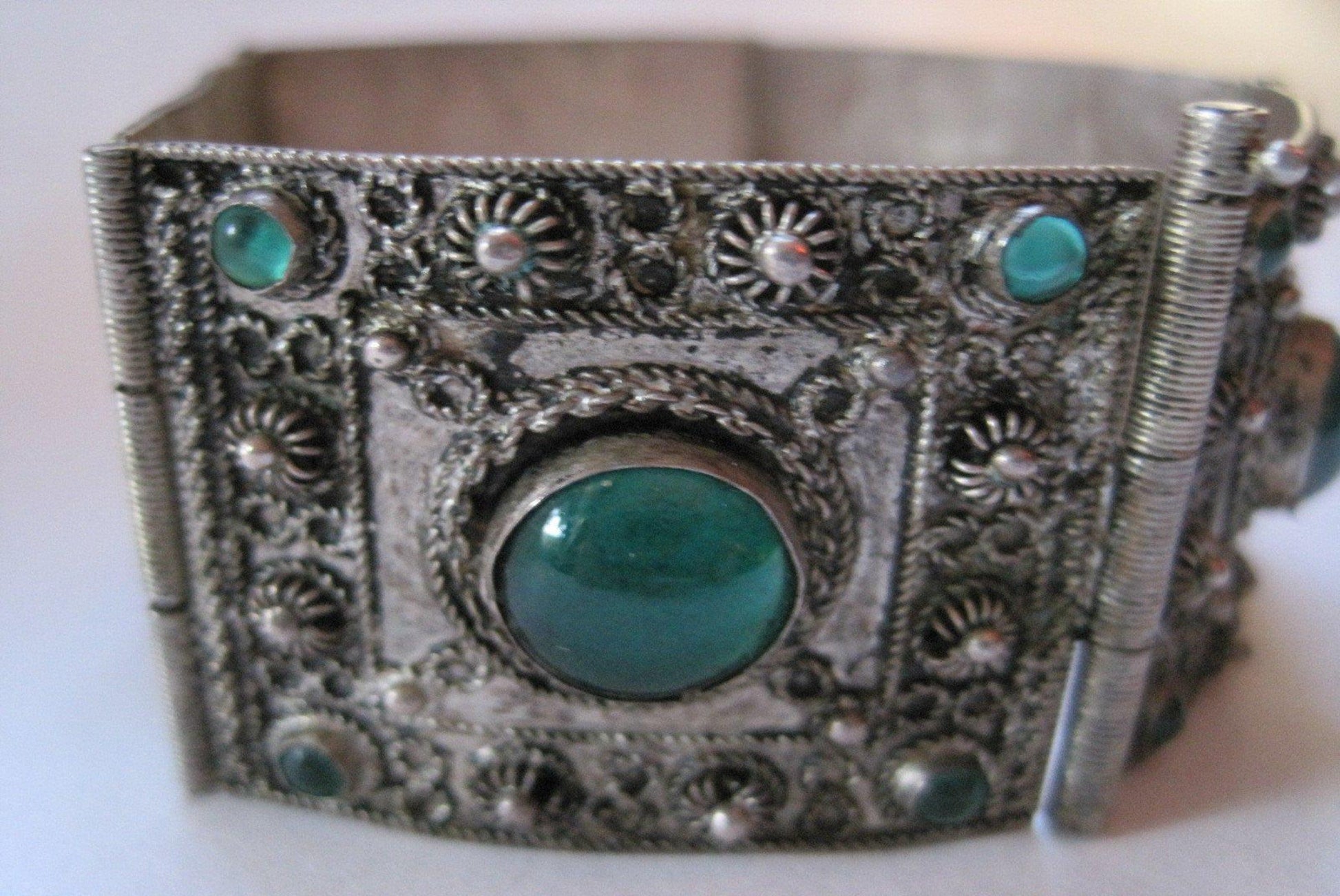 Vintage Turkish Silver and Green Glass Panel Bracelet - Anteeka