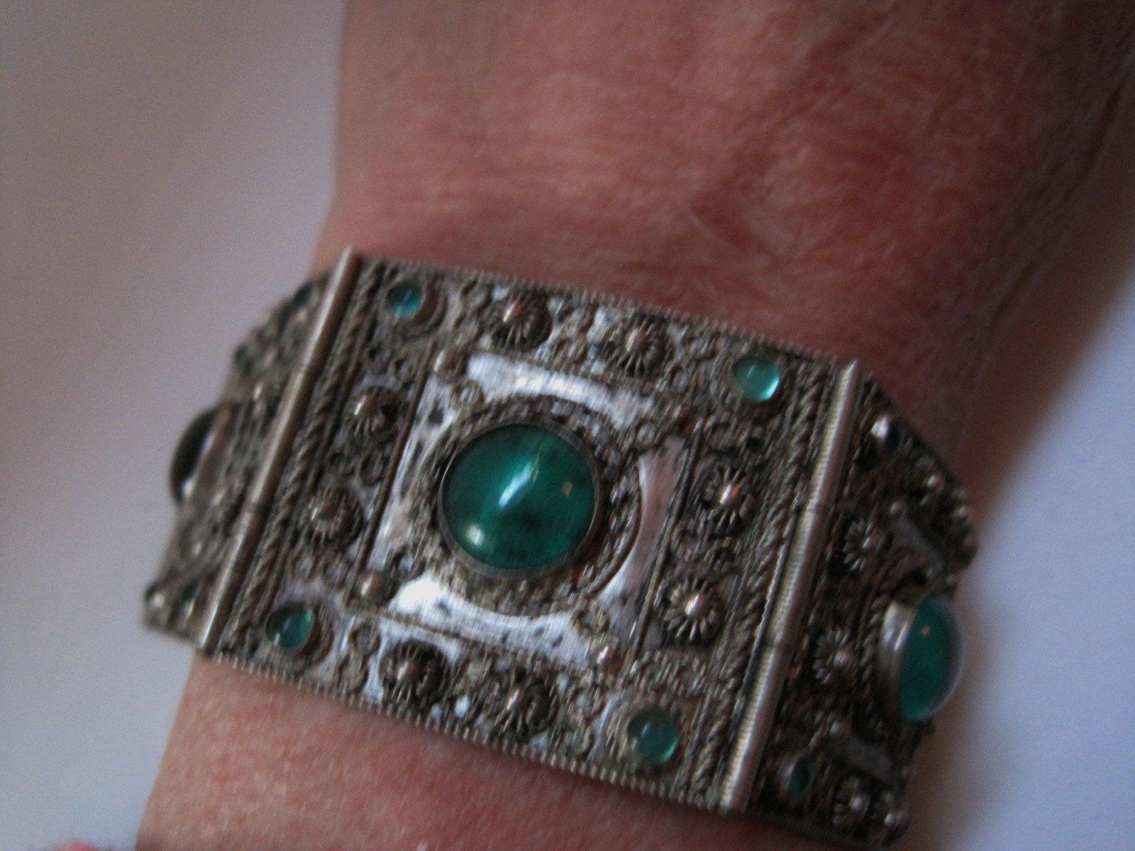 Vintage Turkish Silver and Green Glass Panel Bracelet - Anteeka