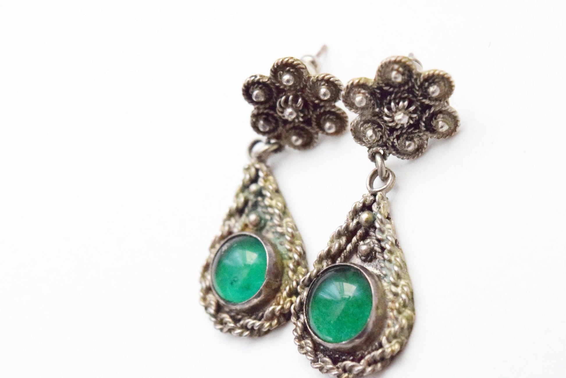 Vintage Turkish Silver Filigree Earrings with Green Cabochon - Anteeka
