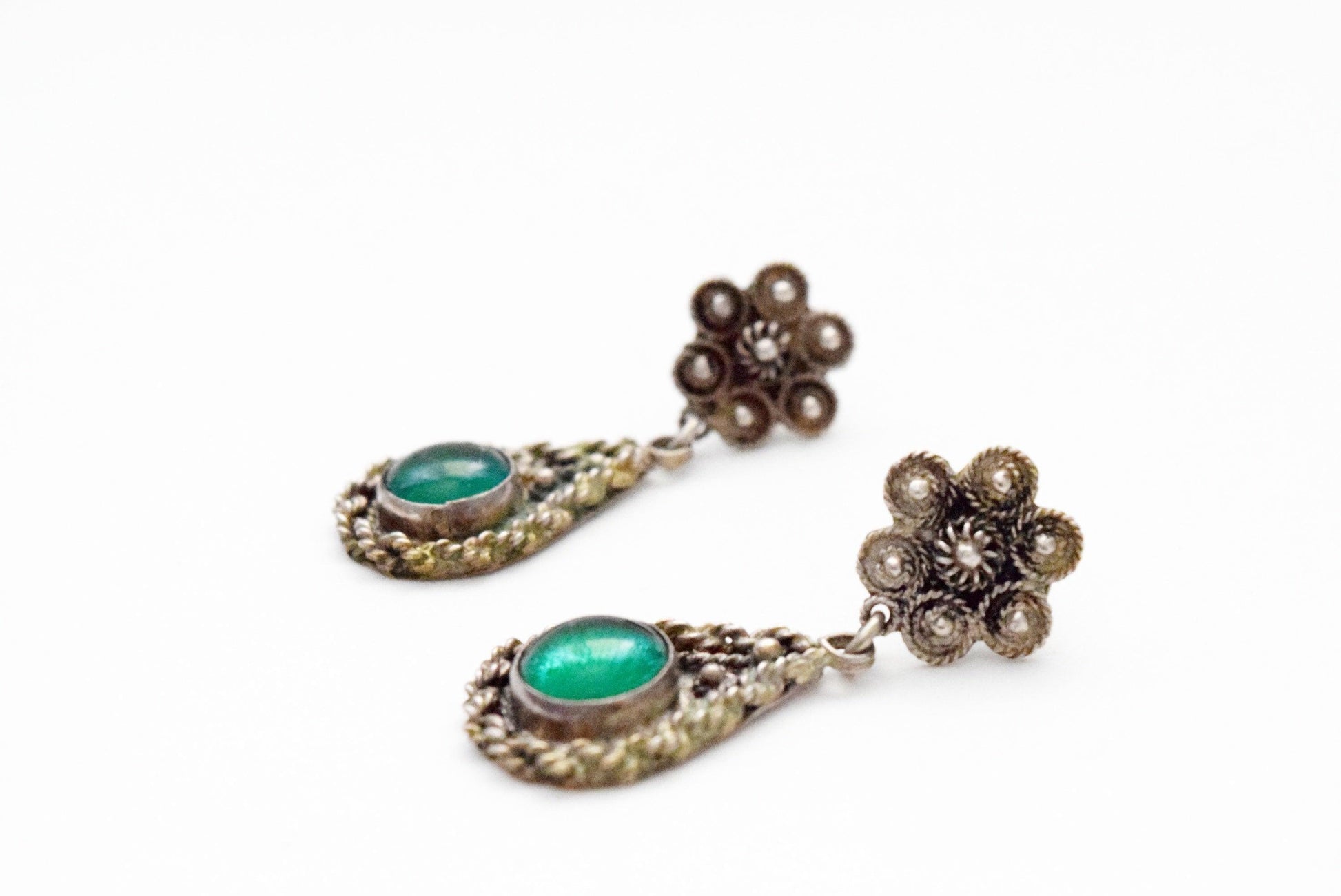 Vintage Turkish Silver Filigree Earrings with Green Cabochon - Anteeka
