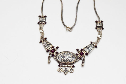 Vintage Turkish Silver Niello and Garnet Choker Necklace - Anteeka