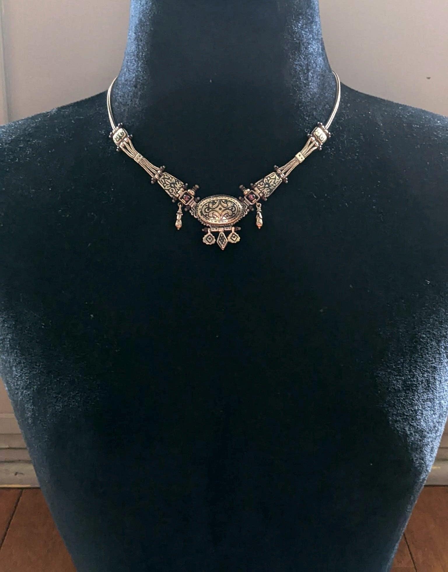 Vintage Turkish Silver Niello and Garnet Choker Necklace - Anteeka