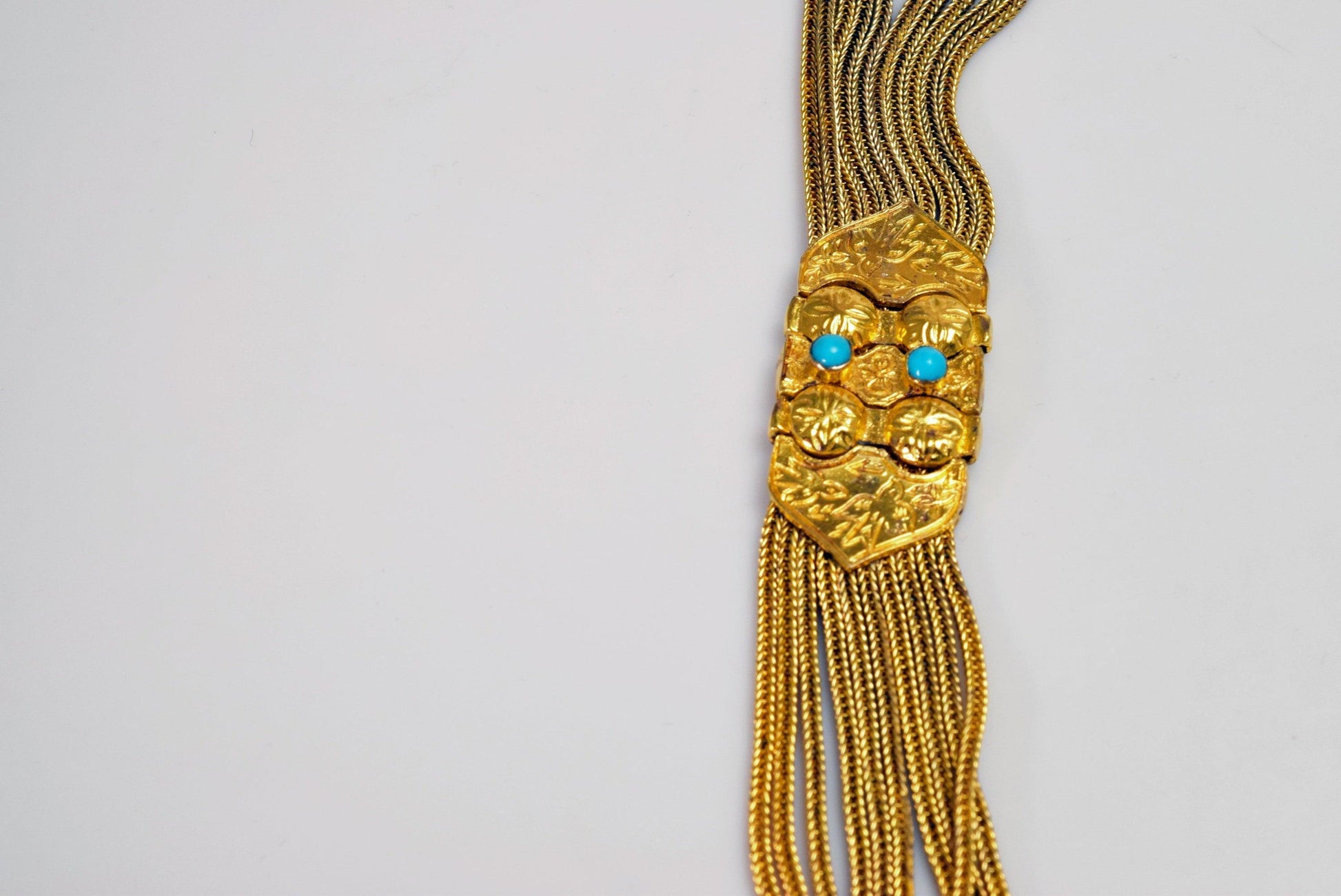 Vintage Turkish Sterling Gold Plated Silver and Turquoise Long Tassel Necklace - Anteeka