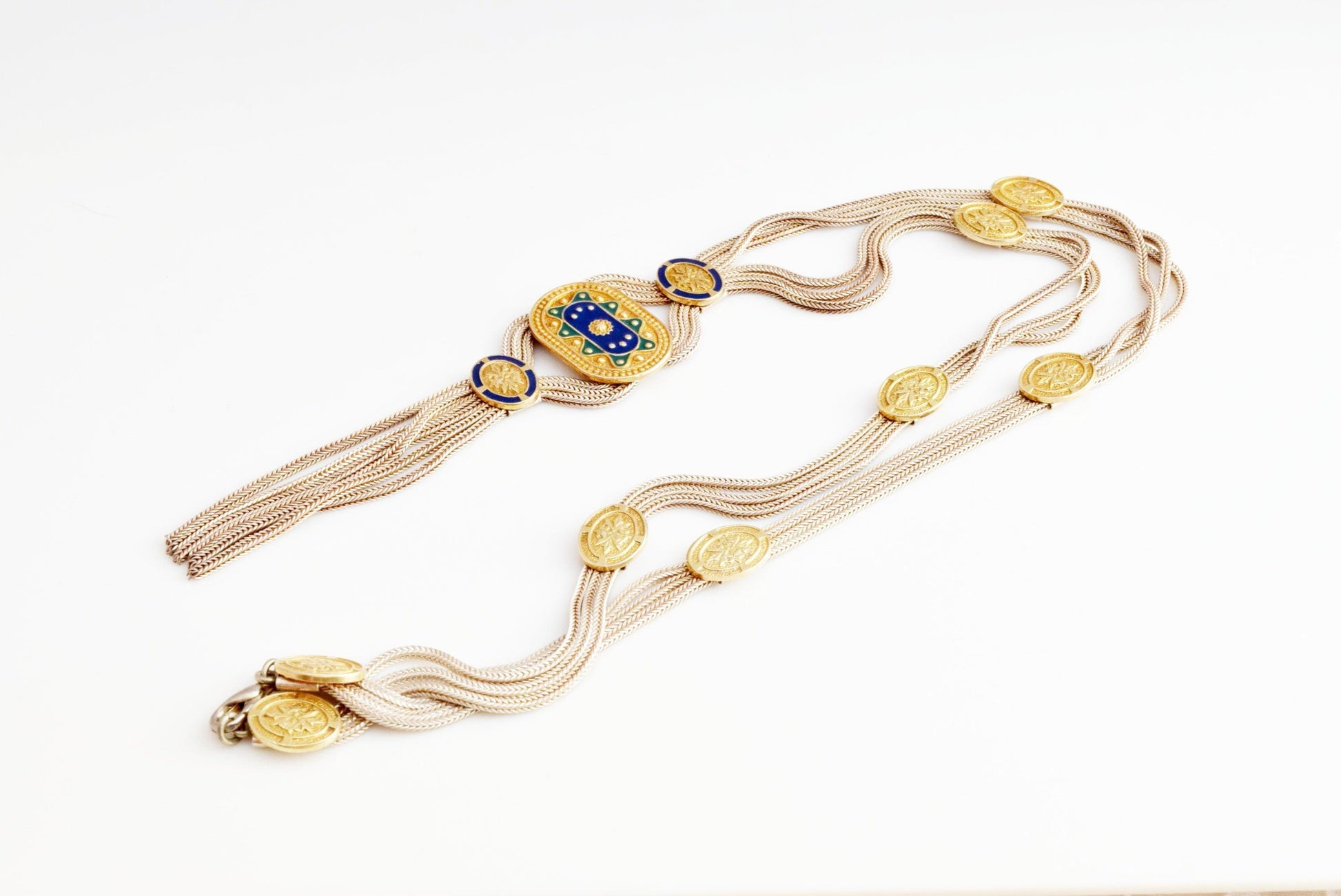 Vintage Turkish Sterling Silver and Enamel Long Tassel Necklace - Anteeka