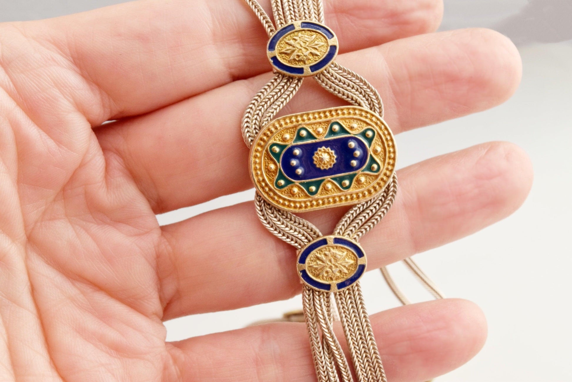 Vintage Turkish Sterling Silver and Enamel Long Tassel Necklace - Anteeka