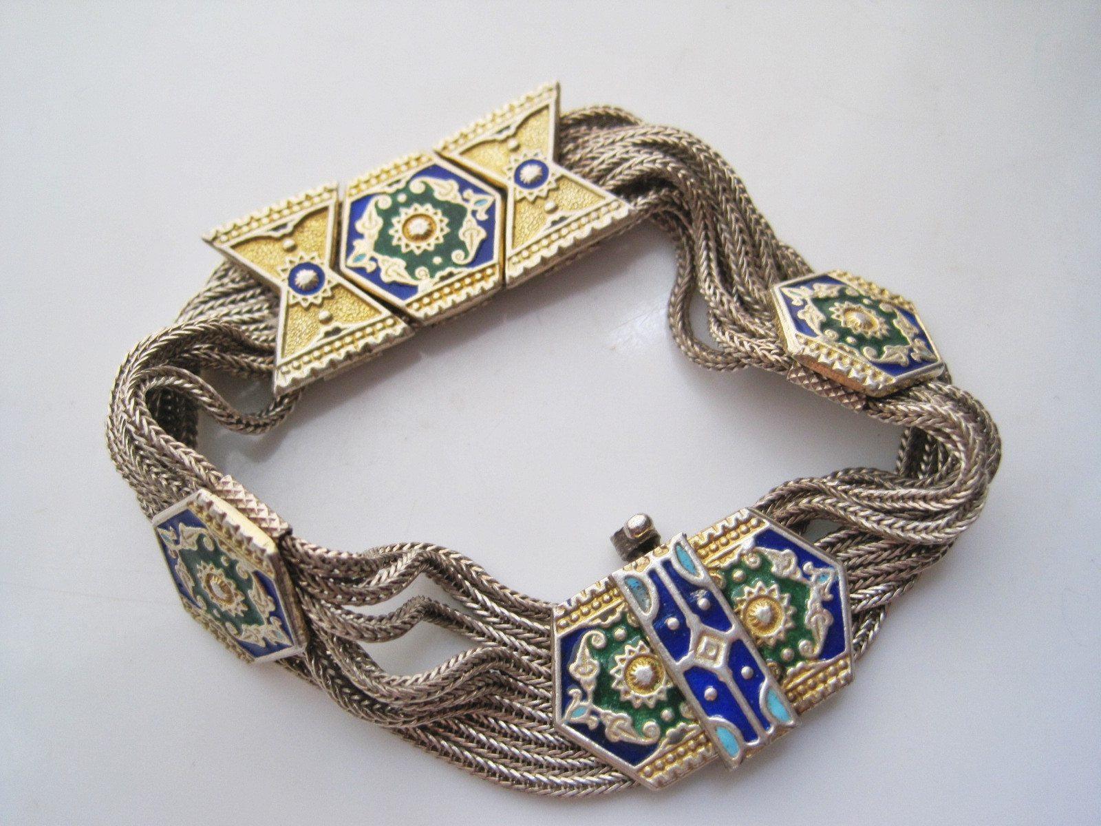 Vintage Turkish Sterling Silver, Gold Plate and Enamel Mesh Bracelet - Anteeka