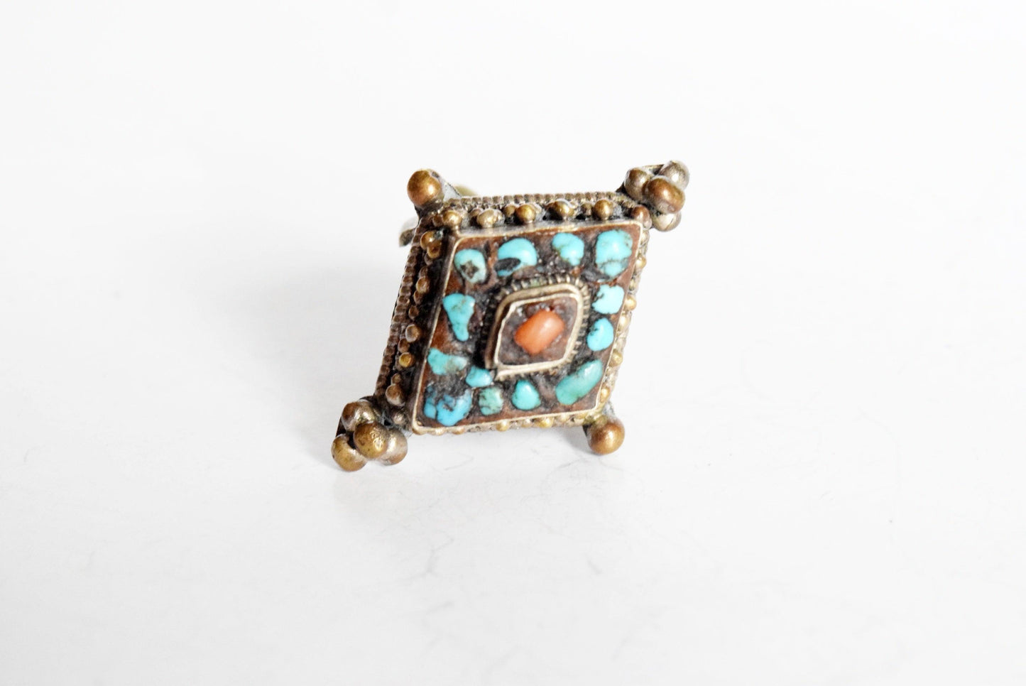 Vintage Turquoise and Coral Nepal Adjustable Ring - Anteeka