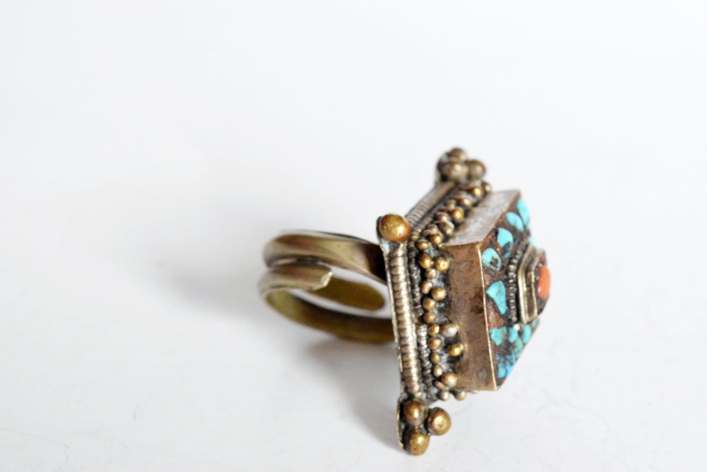Vintage Turquoise and Coral Nepal Adjustable Ring - Anteeka